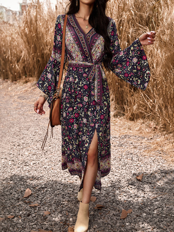 Floral V-Neck A-Line Midi Dress – Light Bohemian Style, Spring-Summer Fit