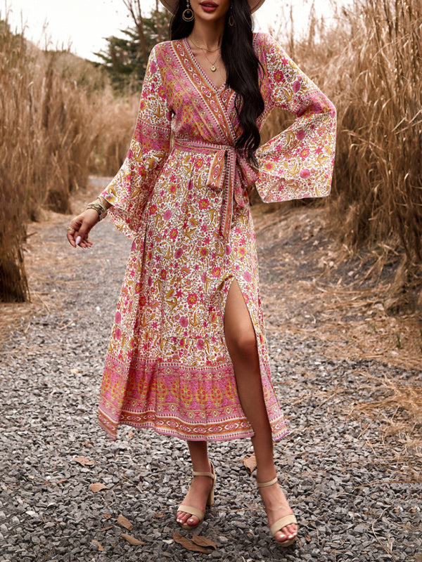 Floral V-Neck A-Line Midi Dress – Light Bohemian Style, Spring-Summer Fit