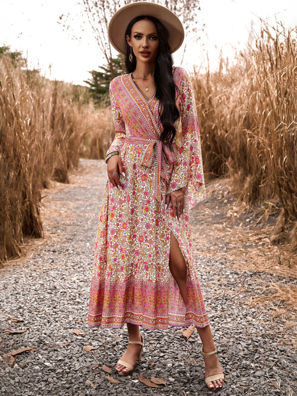 Floral V-Neck A-Line Midi Dress – Light Bohemian Style, Spring-Summer Fit