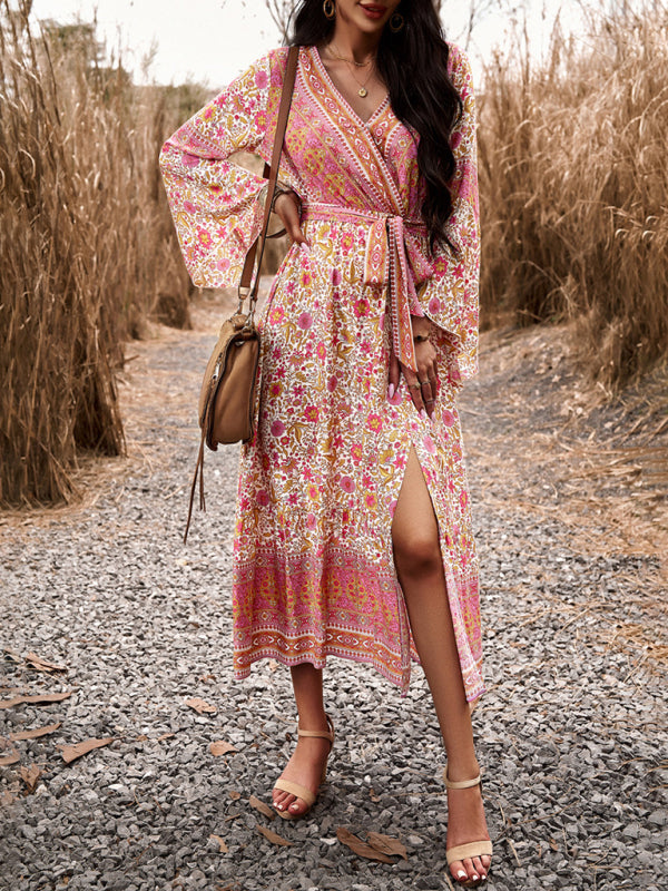 Floral V-Neck A-Line Midi Dress – Light Bohemian Style, Spring-Summer Fit