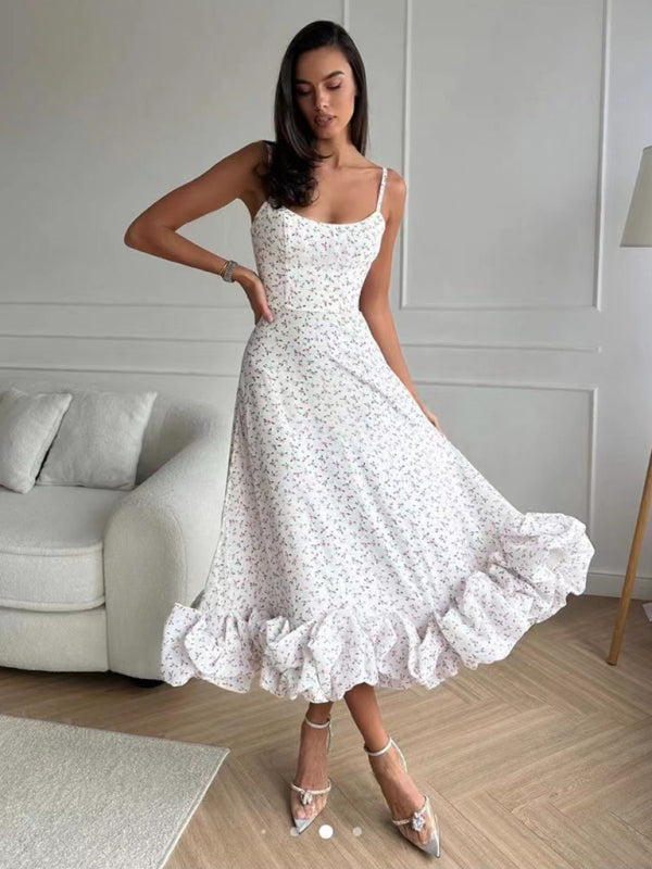 A-Line Suspender Dress with 3D Floral Detail – Flowing Spring Midi