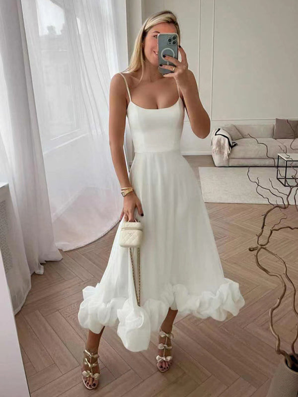 A-Line Suspender Dress with 3D Floral Detail – Flowing Spring Midi