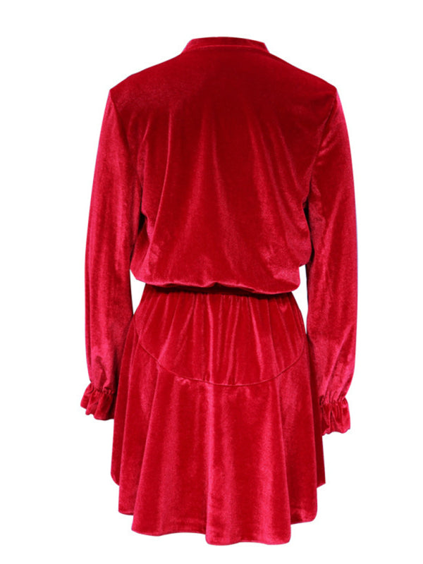 Velvet Long-Sleeve V-Neck Party Dress – Korean Style, Autumn/Winter