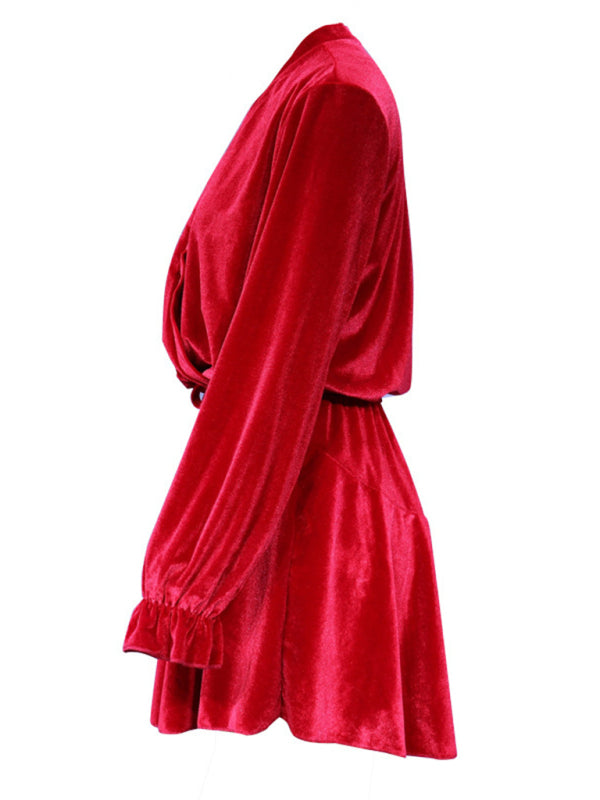 Velvet Long-Sleeve V-Neck Party Dress – Korean Style, Autumn/Winter