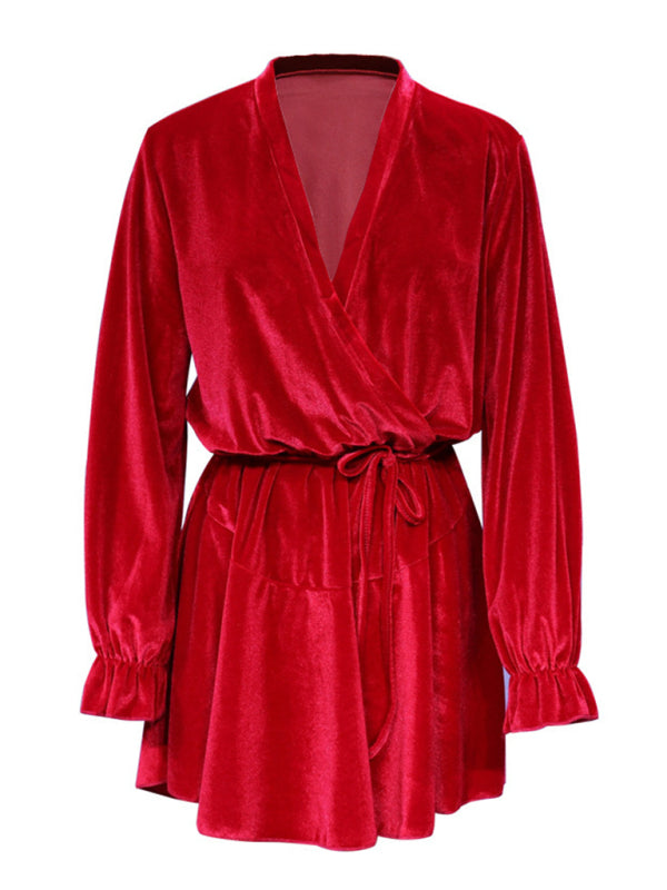 Velvet Long-Sleeve V-Neck Party Dress – Korean Style, Autumn/Winter