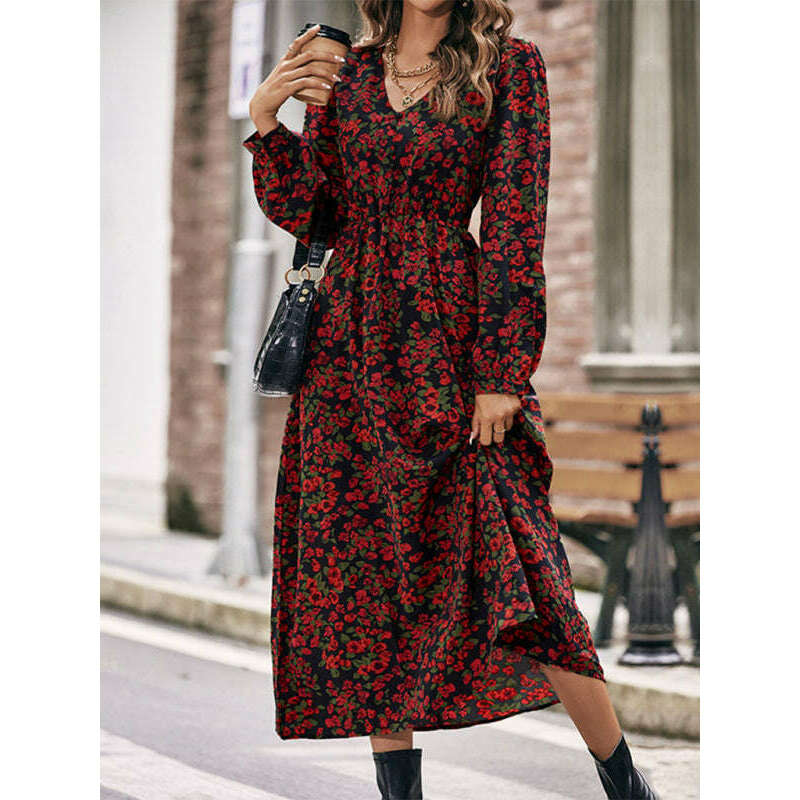 فستان ماكسي بأكمام طويلة مطبوع – بوليستر منسوج أنيق لجميع المواسم ابتسامة ماريا - كل شيء للنساء 34649929