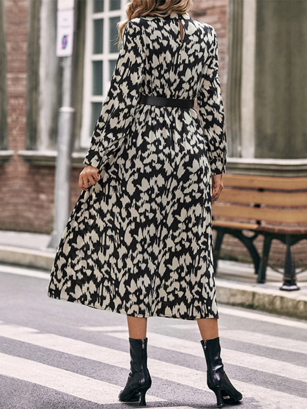 Elegant Long Sleeve Leopard Print Dress – Autumn-Winter Woven Fit