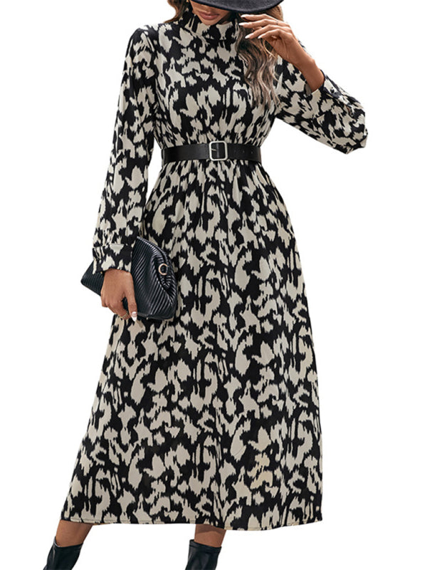 Elegant Long Sleeve Leopard Print Dress – Autumn-Winter Woven Fit