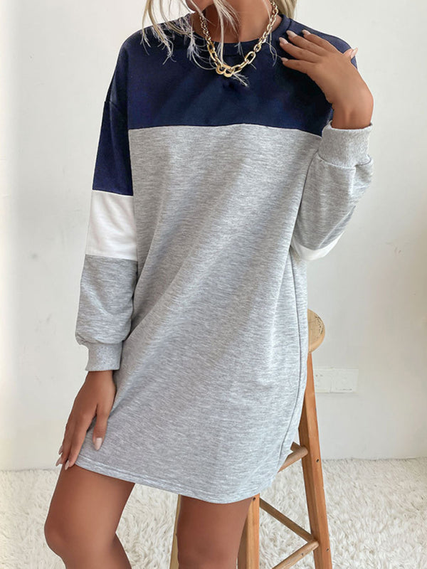Color Block Long Sleeve Sweatshirt Dress – Relaxed Fit & Soft Knit Fabric