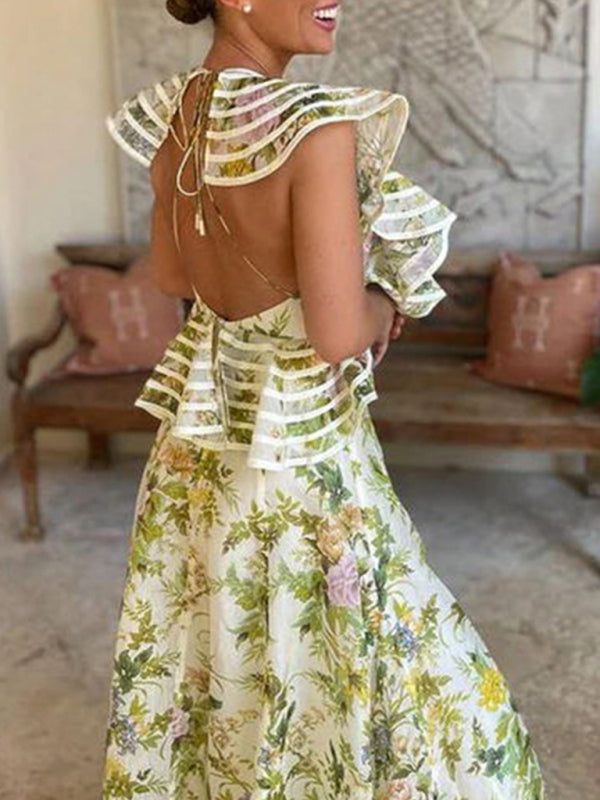 Backless Strappy Printed Dress – Grass Green Swing Dress for Spring Days