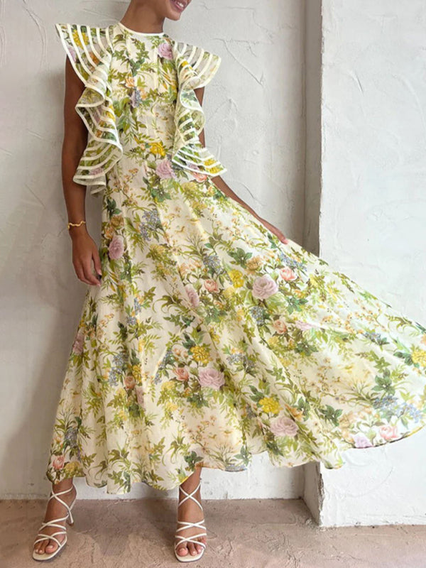 Backless Strappy Printed Dress – Grass Green Swing Dress for Spring Days