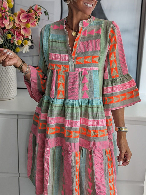 Autumn Printed V-Neck Midi Dress – 3/4 Sleeves, Leisure Fit, All-Season Wear