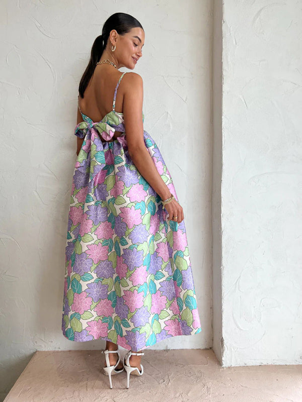 Printed Backless Sleeveless Swing Dress – Casual Fit with Suspender Straps