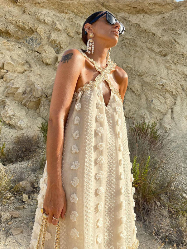 Halter Neck 3D Floral Maxi Cake Dress – Flowy Romantic Style