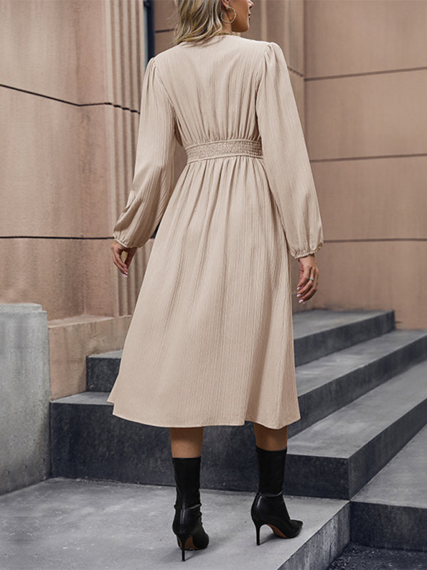 Elegant Long Sleeve Slit Dress – Solid Cracker Khaki, Autumn-Winter Style