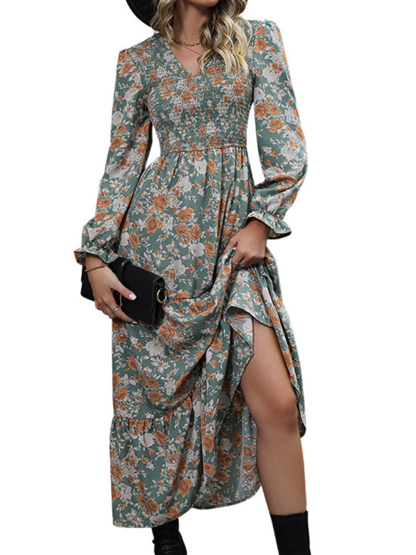 Elegant Green Floral Long Dress – Graceful Fit & Woven Polyester