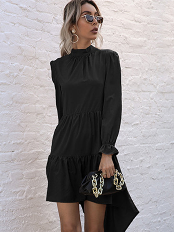 Solid Long Sleeve Irregular Half Turtleneck Dress – Elegant Woven Fit