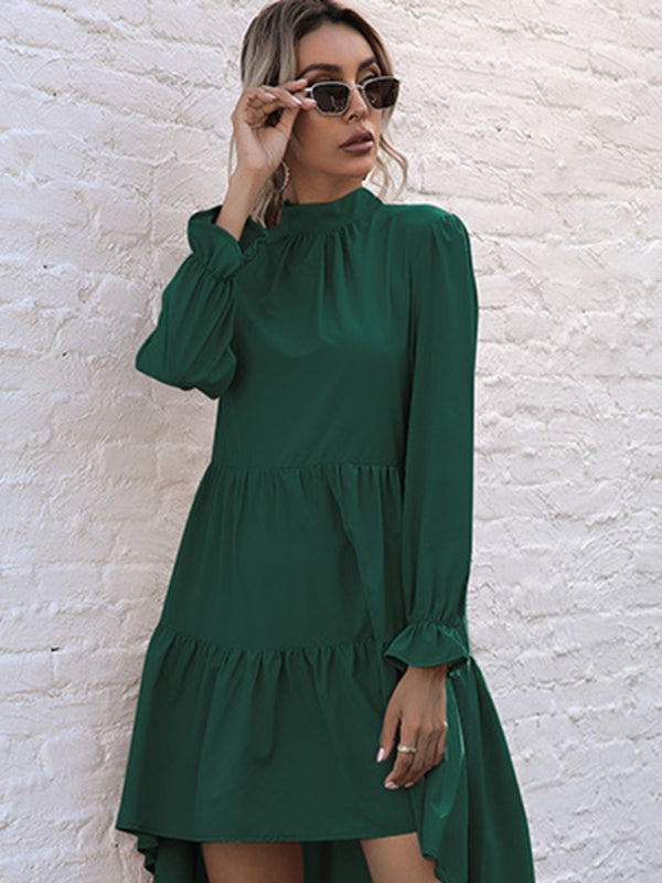 Solid Long Sleeve Irregular Half Turtleneck Dress – Elegant Woven Fit