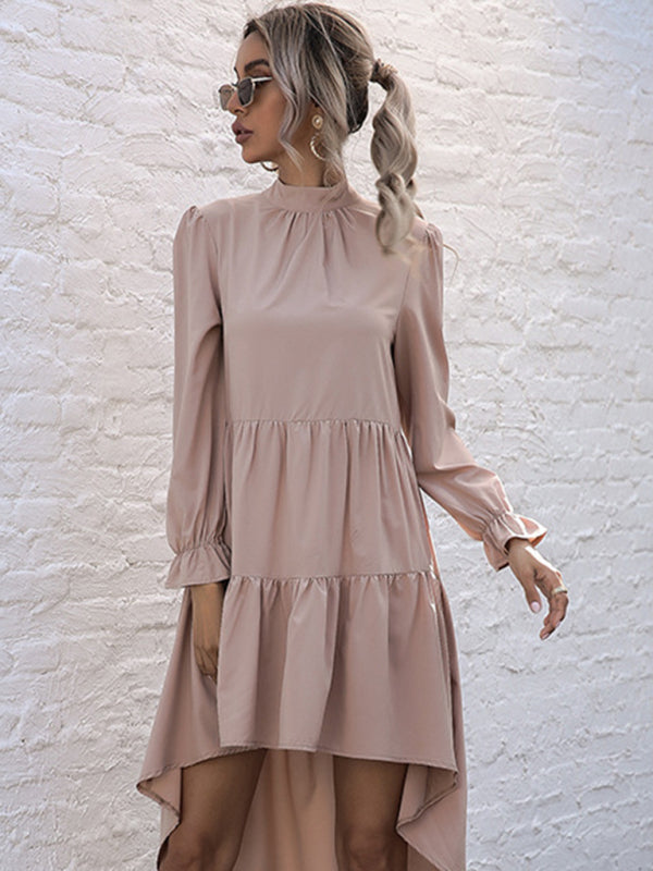 Solid Long Sleeve Irregular Half Turtleneck Dress – Elegant Woven Fit
