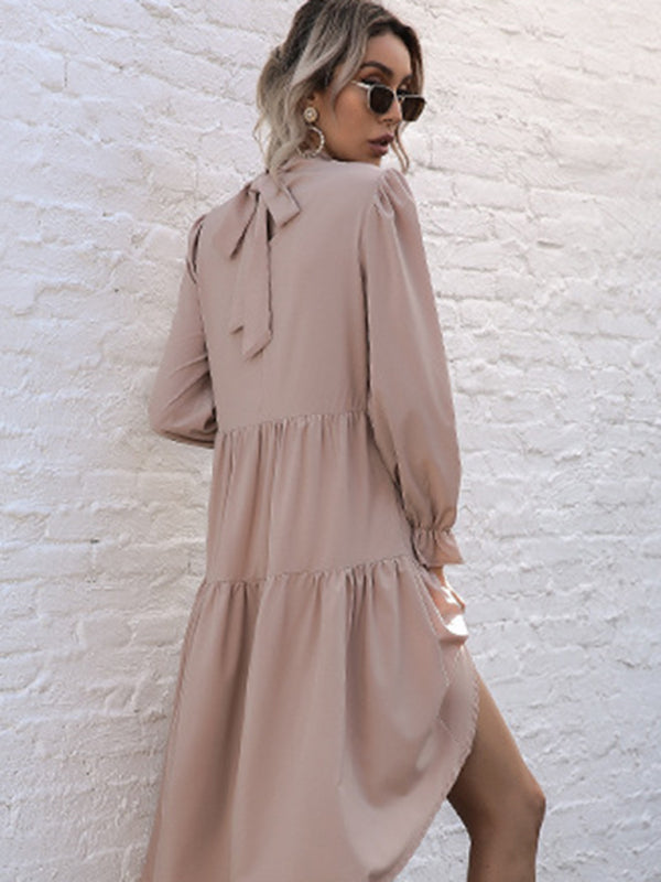 Solid Long Sleeve Irregular Half Turtleneck Dress – Elegant Woven Fit