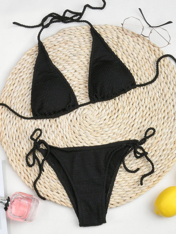 Solid Color Split Strap Bikini Set – Moderate Stretch, Spring-Summer Fit