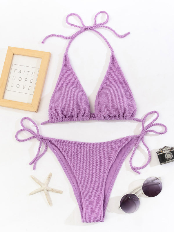 Solid Color Split Strap Bikini Set – Moderate Stretch, Spring-Summer Fit