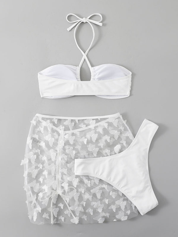 White Three-Piece Bikini Set with Skirt – Sexy Strappy Swimwear