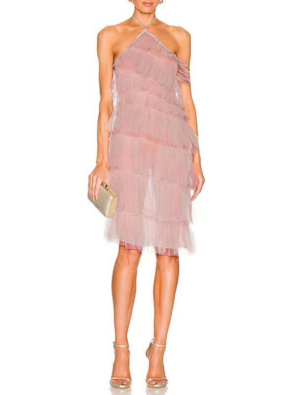 Backless Mesh Halter Cake Dress – French Style