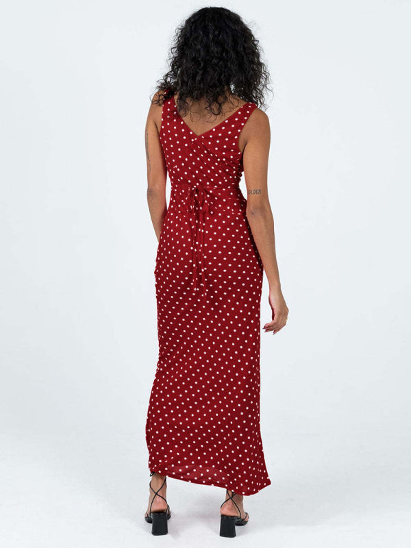 Polka Dot Sleeveless V-Neck Fishtail Midi Dress – Summer Casual Fit