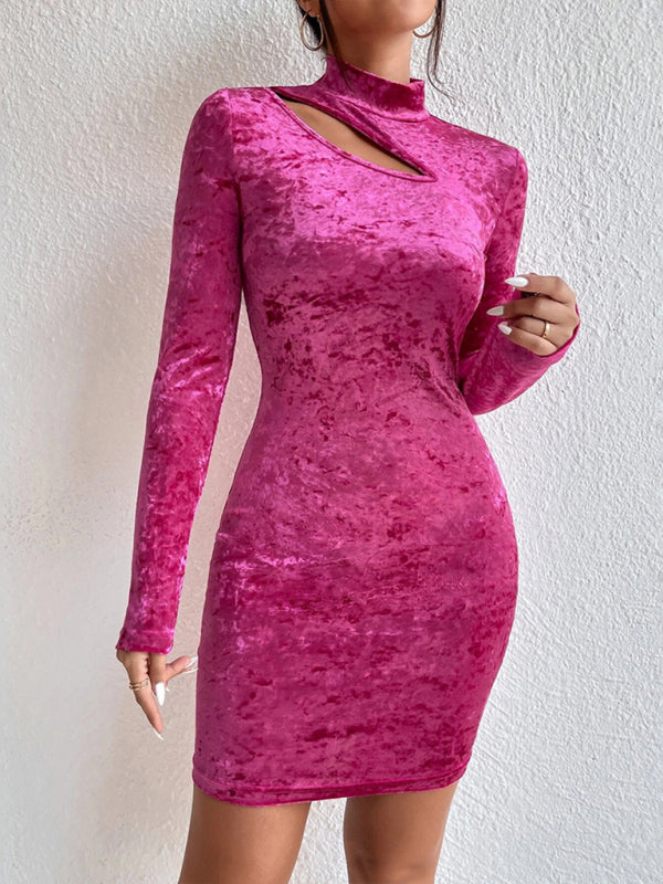 Velvet Cutout Bodycon Dress with High Neck