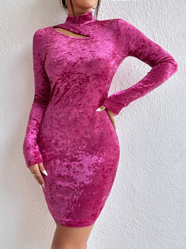 Velvet Cutout Bodycon Dress with High Neck