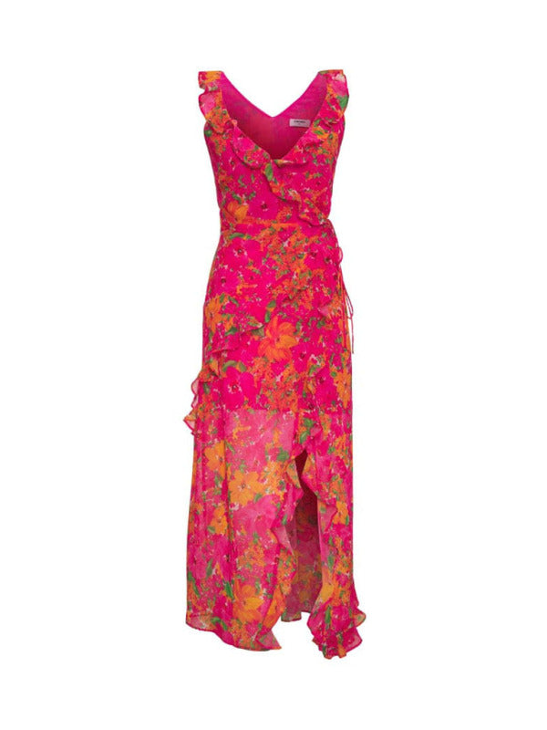 Floral Ruffle V-Neck Maxi Dress – Backless Slit Boho Gown for Summer