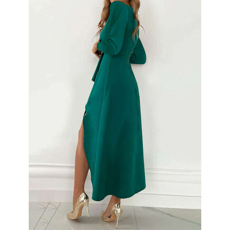 فستان متوسط الطول بأكمام طويلة وياقة على شكل حرف V وشق، – حاشية مجمعة، مريح، ابتسامة ماريا --- كل شيء للنساء 34650862