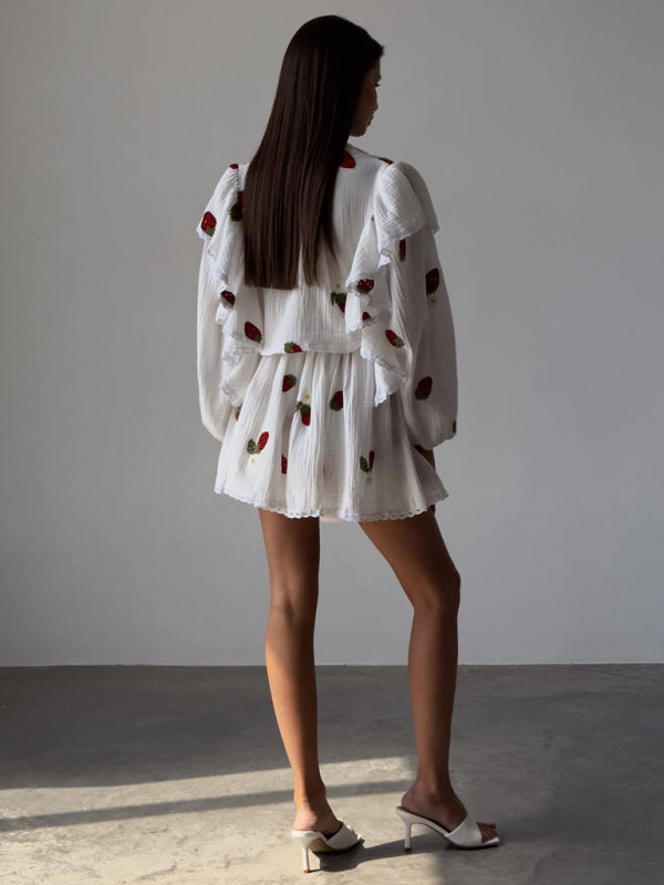 Ruffled Strawberry Print Skirt Loungewear Set – Cotton-Linen Romantic Homewear
