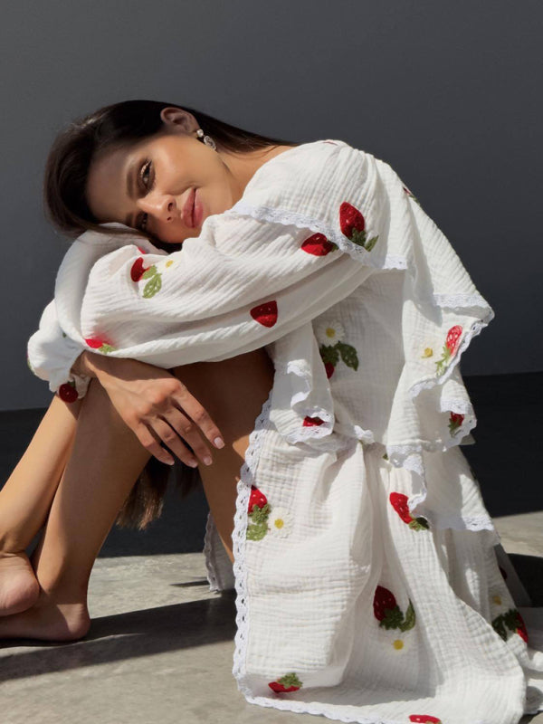 Ruffled Strawberry Print Skirt Loungewear Set – Cotton-Linen Romantic Homewear