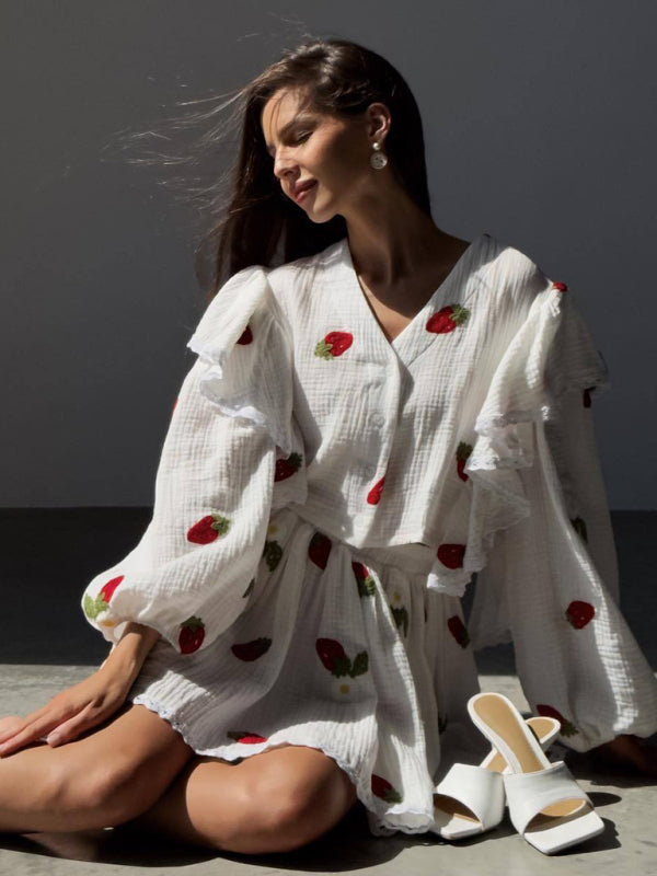 Ruffled Strawberry Print Skirt Loungewear Set – Cotton-Linen Romantic Homewear