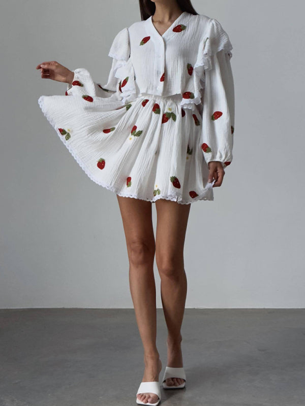 Ruffled Strawberry Print Skirt Loungewear Set – Cotton-Linen Romantic Homewear