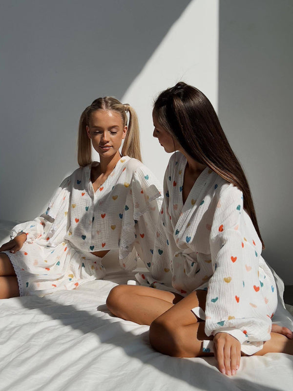 Ruffled Strawberry Print Skirt Loungewear Set – Cotton-Linen Romantic Homewear
