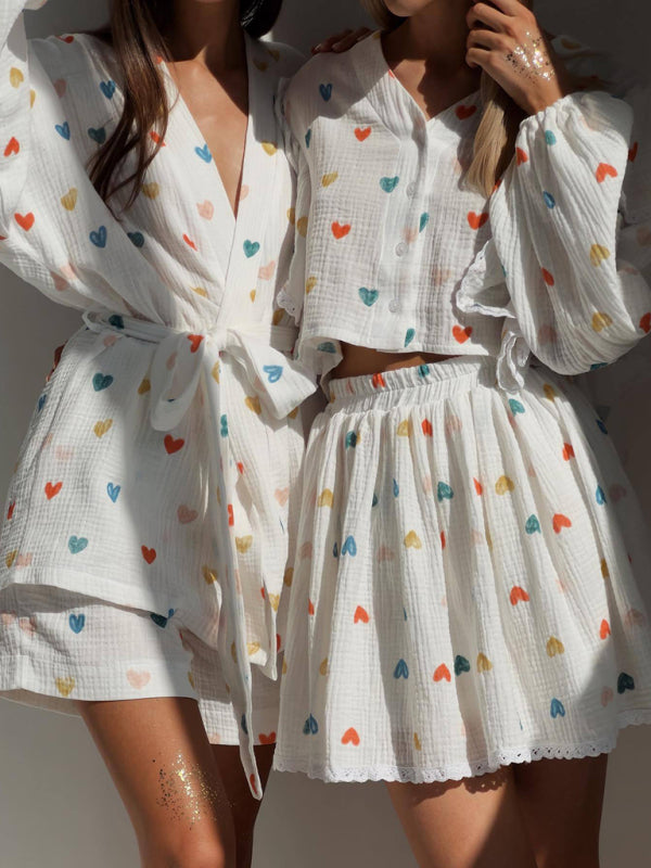 Ruffled Strawberry Print Skirt Loungewear Set – Cotton-Linen Romantic Homewear