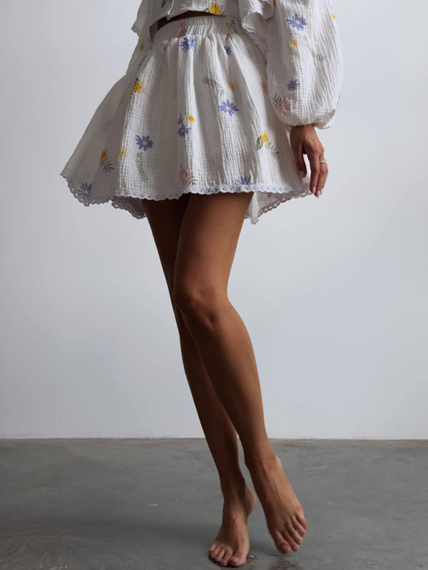 Ruffled Strawberry Print Skirt Loungewear Set – Cotton-Linen Romantic Homewear