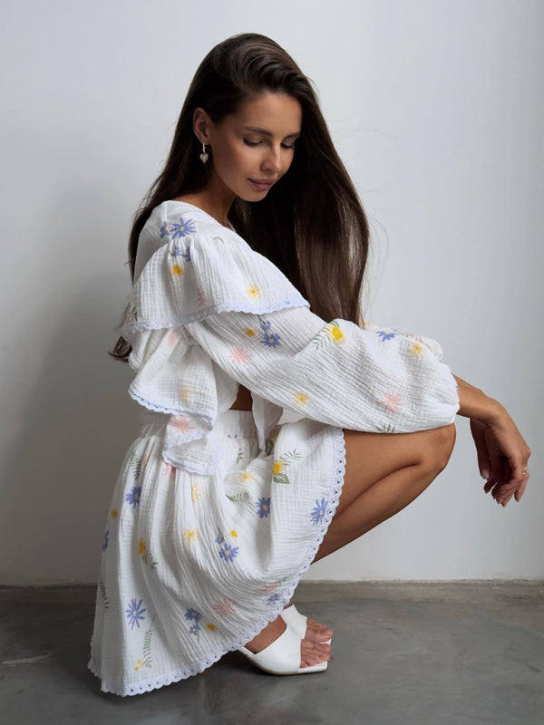 Ruffled Strawberry Print Skirt Loungewear Set – Cotton-Linen Romantic Homewear