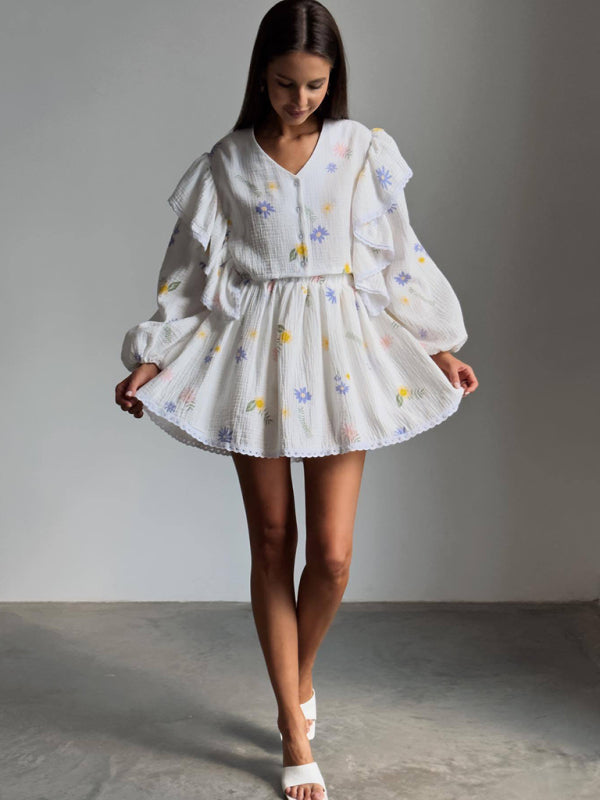 Ruffled Strawberry Print Skirt Loungewear Set – Cotton-Linen Romantic Homewear