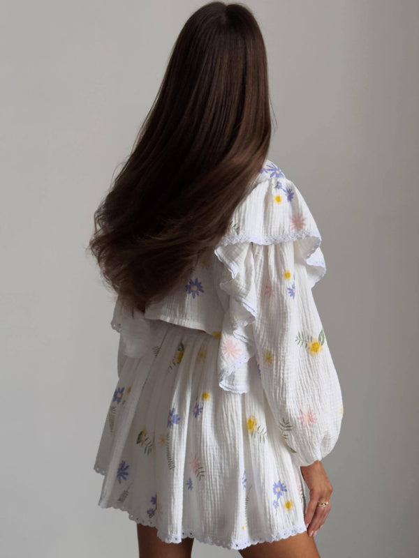 Ruffled Strawberry Print Skirt Loungewear Set – Cotton-Linen Romantic Homewear