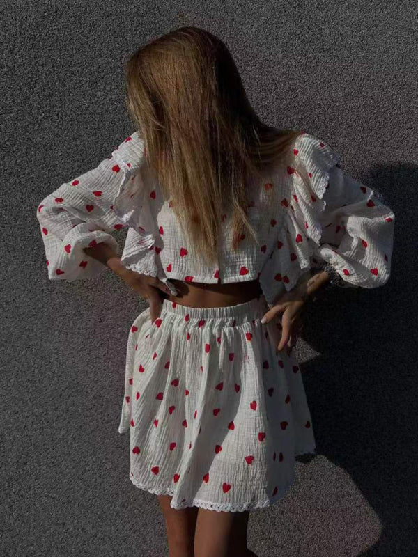 Ruffled Strawberry Print Skirt Loungewear Set – Cotton-Linen Romantic Homewear