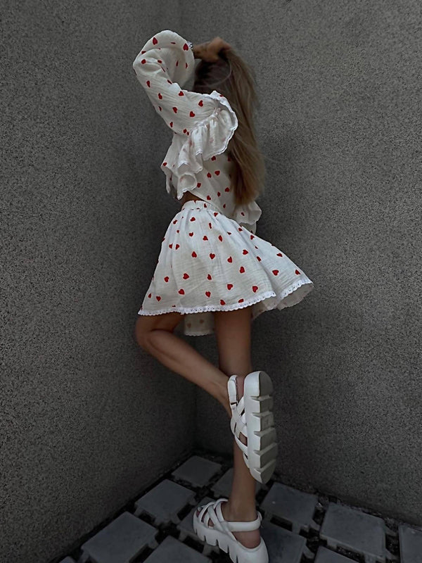 Ruffled Strawberry Print Skirt Loungewear Set – Cotton-Linen Romantic Homewear