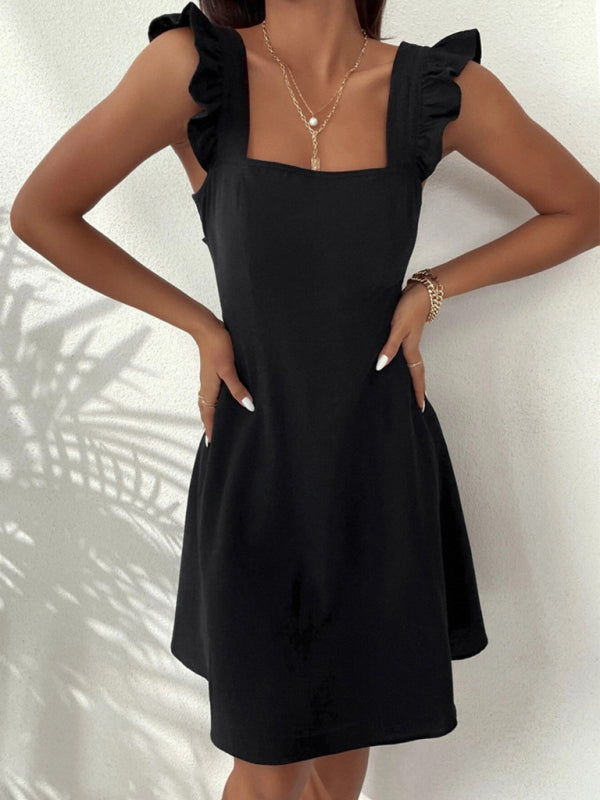 Pastoral Cotton Sundress with Adjustable Straps – Romantic Fit for Beach & Daily Wear Black