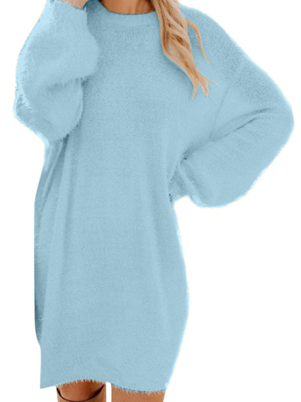 Cozy Plush Mid-Length Dress – Long Sleeve Round Neck for Autumn & Winter