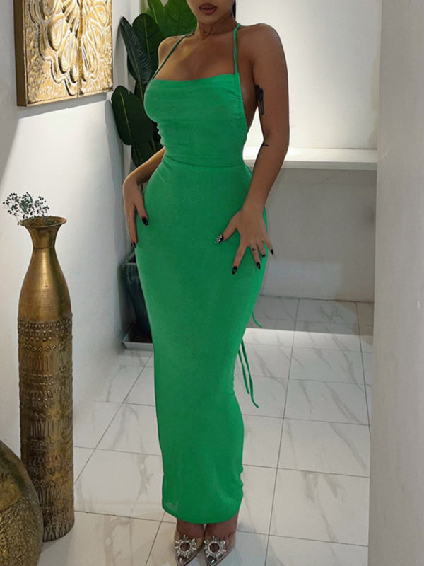 Backless Strappy Halter Maxi Dress Green