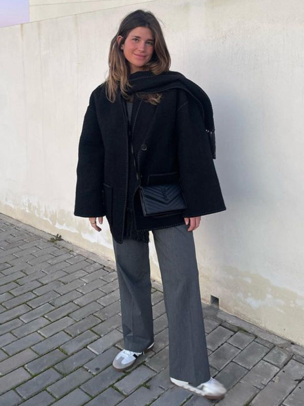 Пальто с бахромой из шерстяной смеси с шарфом – осень/зима