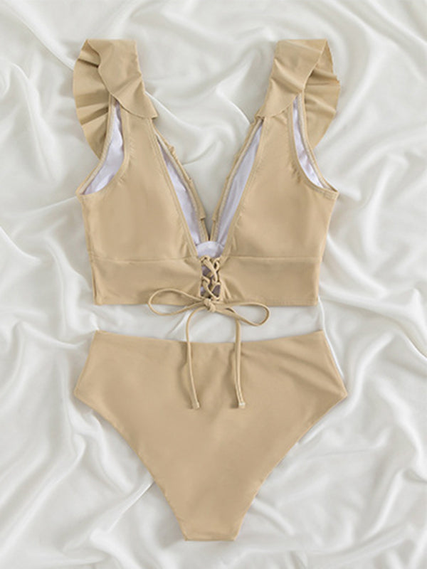 Lace Ruffled V-Neck Bikini Set – High-Waisted, Split Detail, Nylon Knit